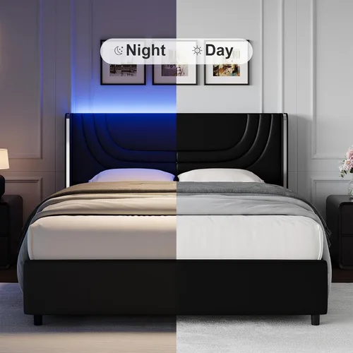 Miniatura 6 de REVOMINCA Base de cama individual con luces LED, plataforma tapizada de piel sintética con cabecera de ala plateada, estilo moderno, no necesita