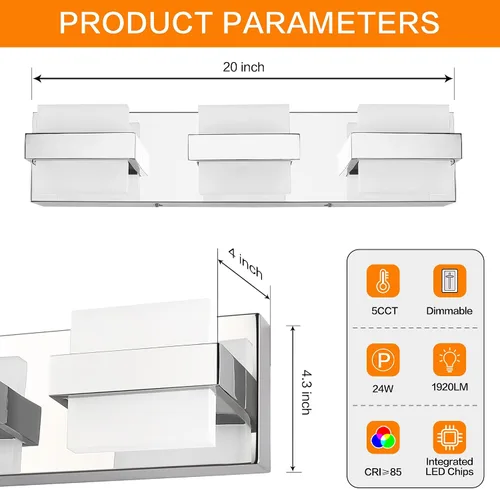 Miniatura 5 de SOLFART Lámpara de baño cromada de 3 luces, luz de tocador sobre el espejo, lámparas LED modernas, 5 colores de temperatura ajustable moderna