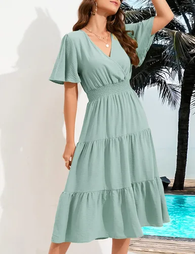 Miniatura 3 de KOJOOIN Women's Casual Wrap V Neck Midi Dress Long Sleeve Smocked Waist Tiered A Line Pleated Flowy Long Dress