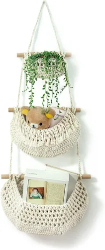 Miniatura 9 de Cesta de frutas colgante, organizador de 3 niveles sobre la puerta, cestas de pared de yute tejidas a mano para organizar, decoración BOHO