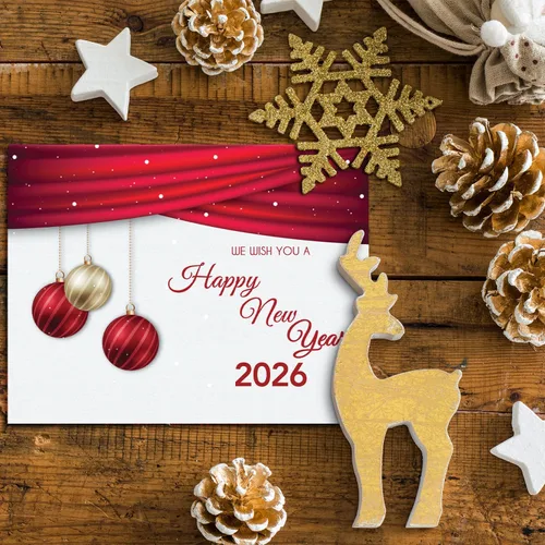 Miniatura 3 de Juego de tarjetas de feliz año nuevo 2026 – Elegante bola roja para Navidad, Año Nuevo, saludos de vacaciones, invitaciones, anuncios