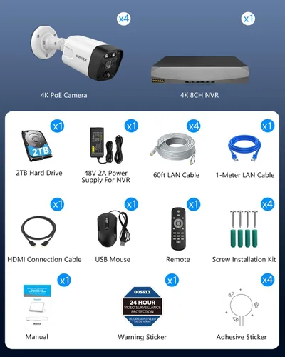 Miniatura 9 de OOSSXX 4K/8.0 Megapíxeles y 130° Ultra Gran Angular Audio Bidireccional PoE Sistema de Cámara de Seguridad para Hogar Exterior Cableado Sistema