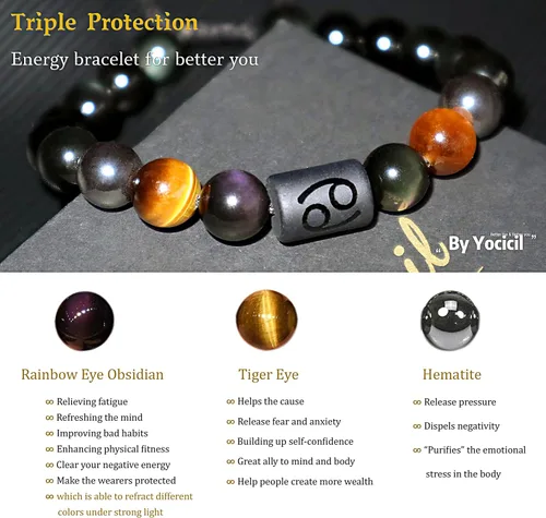 Miniatura 3 de Pulseras de la amistad, pulsera de obsidiana negra arcoíris para mujeres y hombres, 0.394 pulgadas (0.394 in), ojo de tigre, hematita y cristal