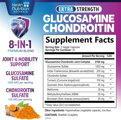 Miniatura 2 de Complejo de glucosamina condroitina MSM - Suplemento de apoyo articular de fuerza 3X con sulfato de glucosamina, cúrcuma, boswellia - Para