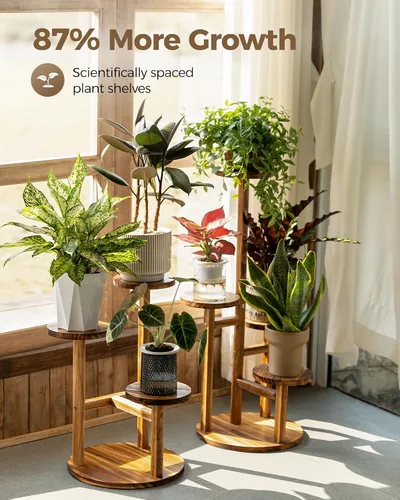 Miniatura 5 de Bamworld Soporte para plantas de interior, soporte de madera de 4 niveles para múltiples plantas, soportes de esquina altos para plantas al aire