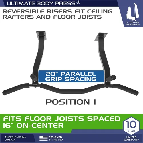 Miniatura 2 de Ceiling Mount Pull Up Bar with Reversible Risers for 16 and 24 Inch Joists with Optimum Grip Spacing by Ultimate Body Press