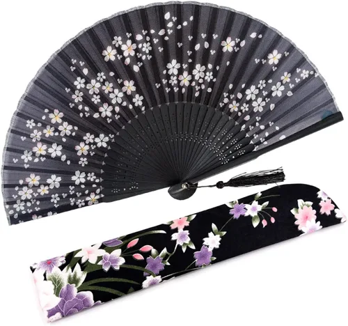 Miniatura 23 de Abanico plegable de seda y bambú, 8.27 pulgadas (21 cm), estilo retro, vintage, elegante y encantador, chino/japonés, regalo para mujeres y niñas
