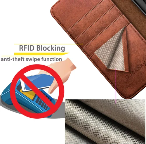 Miniatura 4 de DuckSky Funda tipo cartera de cuero genuino para Samsung Galaxy S23 Ultra con bloqueo RFID, 4 tarjeteros de crédito. 【Cuero auténtico】 Funda Marrón
