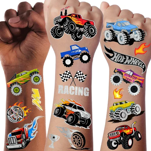 Más de 61 piezas de tatuajes temporales de camión monstruo para niños y niñas, con purpurina brillante plateada metálica, calcomanías falsas de