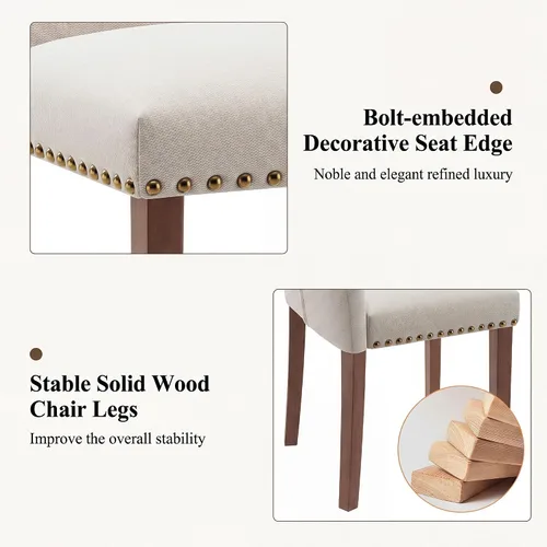 Miniatura 4 de Juego de 2 sillas de comedor de granja, respaldo alto con patas de madera y ribete de cabeza de clavo, silla de comedor de tela moderna