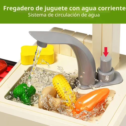Miniatura 4 de Pupu Pig Juego de cocina para niños, cocina de juego con estufa de juguete, parrilla, fregadero, comida de juguete, accesorios de cocina, juego