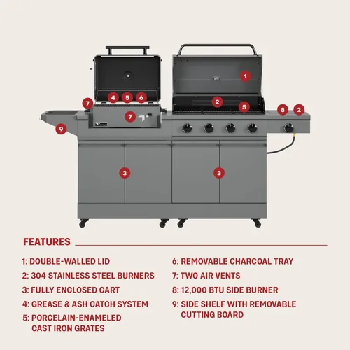 Miniatura 3 de Tytus Anaheim 4-Burner Gas Grill with Prep Cart and Charcoal Grill + Cover, Light, Griddle Insert - Modular Outdoor Kitchen, Quick Assembly, Outdoor