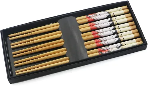 Miniatura 10 de Juego de 5 pares de palillos de bambú, reutilizables, estilo japonés, antideslizantes, juego de palillos clásicos de bambú natural, aptos