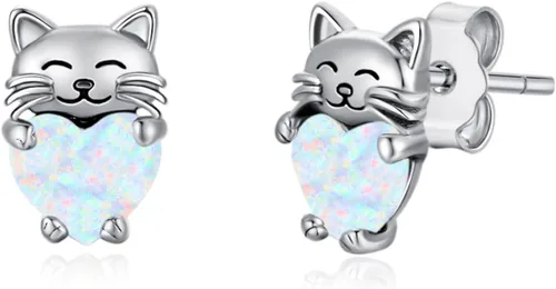 Aretes de plata de ley 925 con diseño de gato, bonitos aretes de gato con diseño de gatito, joyería de regalo para mujeres y niñas, aretes