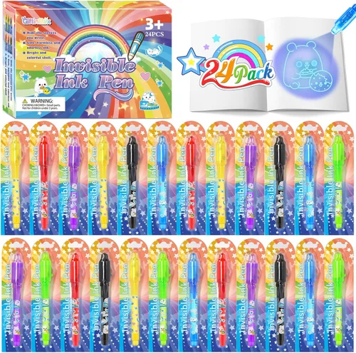Bolígrafo de tinta invisible GIFTINBOX con luz UV para niños, 24 piezas de bolígrafo espía para regalos de fiesta para niños de 8 a 12 años, Paquete