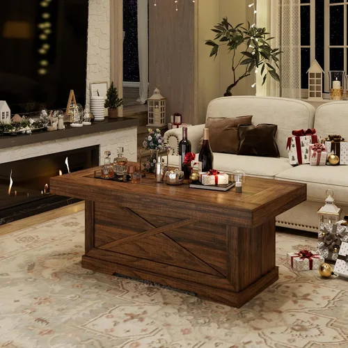 Miniatura 5 de Mesa de café Lareth 39 pulg. Mesa de centro rústica con pedestal de madera en X para sala de estar, ahorro de espacio, mesa de té de diseño
