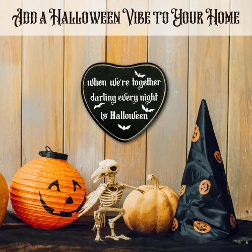 Miniatura 5 de Letrero de madera con forma de corazón gótico, cartel de «Every Night Is Halloween», arte de pared de madera gótico retro, decoración de placa