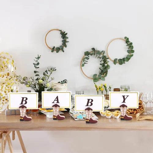 Miniatura 6 de Kigley 18 piezas de mini botas de vaquero adornos de madera, tarjetero y 25 piezas de papel de aluminio dorado blanco soporte para números