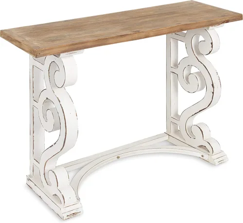 Kate and Laurel Wyldwood Country - Mesa consola francesa de madera maciza, patas rústicas/blancas, parte superior de madera natural Marrón