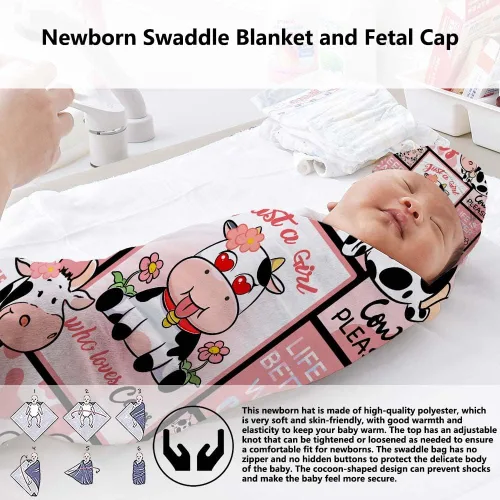 Miniatura 3 de Juego de mantas para recién nacido con gorro de Who Love Cows, manta de recepción para recién nacido para niño y niña, saco de envolver para ducha