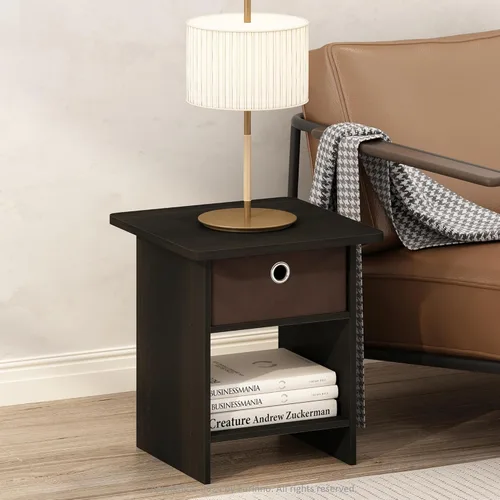Miniatura 8 de Furinno Mesa auxiliar moderna, mesa auxiliar cuadrada con compartimento de almacenamiento, mesita de noche de esquina redonda, mesita de noche