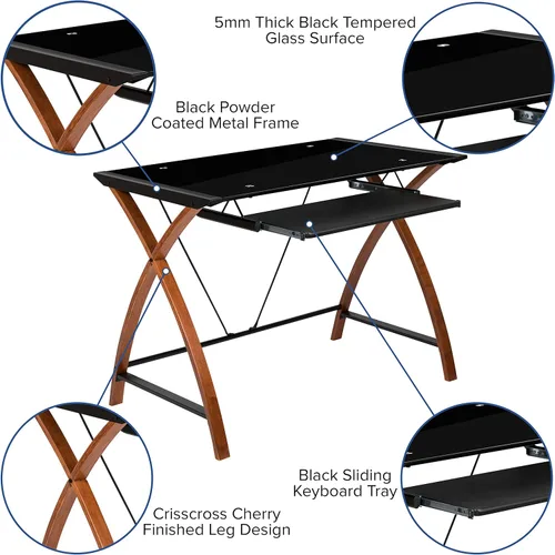 Miniatura 4 de Flash Furniture Jude - Escritorio para computadora de cristal negro con bandeja extraíble para teclado y marco entrecruzado