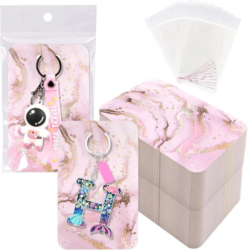 ZYNERY 100 tarjetas de exhibición con bolsas autosellantes, soporte para llavero de 3 x 4.7 pulgadas, suministros de embalaje de joyas (rosa mármol)