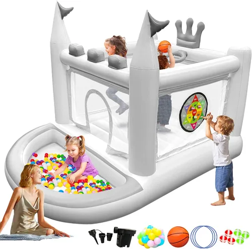Miniatura 8 de Casa inflable de rebote para niños de 3 a 8 años, castillo hinchable pequeño 5 en 1 para exteriores, saltador, piscina de pelotas, aro