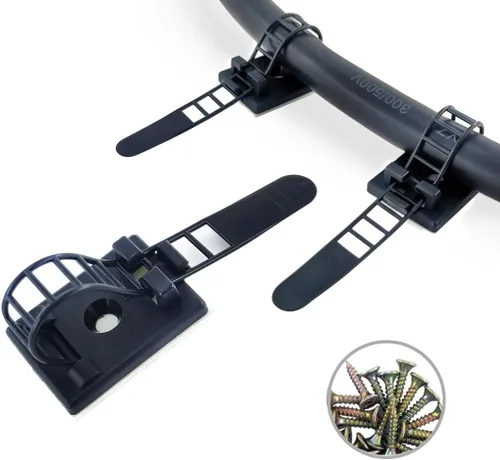 HS Clips de organización de cables para debajo del escritorio, color negro con agujero para tornillo y cinta 3M (paquete de 50), correas adhesivas