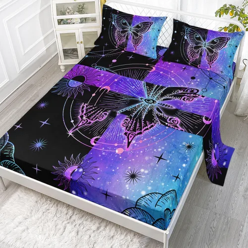 Datura home Juego de Ropa de Cama con Sábana Bajera y Sábana Encimera de 4 Piezas con Estampado de Mariposas Negras y Azules Juego de Ropa de Cama