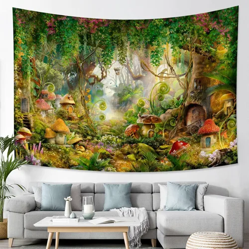 Miniatura 6 de Tapiz de bosque de fantasía, 78.7 pulgadas de ancho x 59 pulgadas de largo (78.7 x 59.1 in) de hongo encantado, tapiz mágico de cuento de hadas