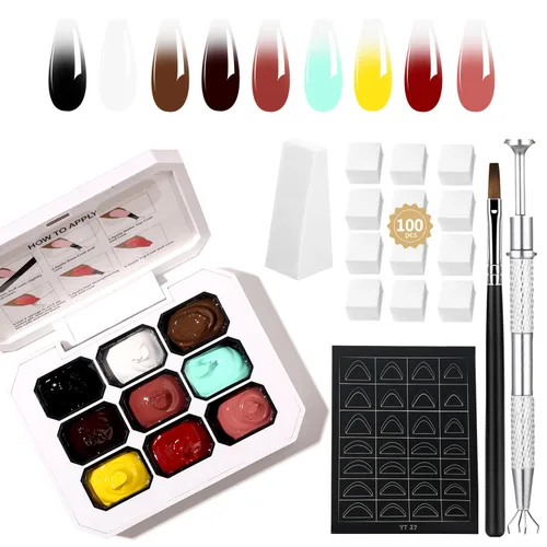 Miniatura 36 de Finger Secret - Juego de 9 colores de esmalte de uñas de gel Ombre Pat, paleta de esmaltes de gel con 20 esponjas de uñas para arte de uñas de gel