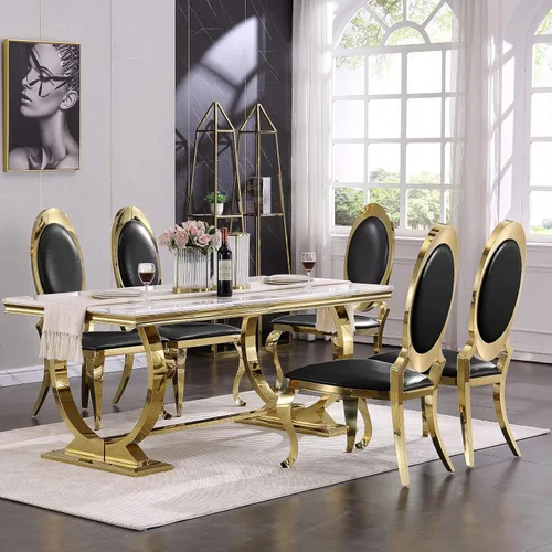 Miniatura 9 de ACEDÉCOR Juego de mesa de comedor moderno de 5 piezas con 4 sillas de comedor de cuero negro, mesa de comedor con base en U de metal de acero Oro