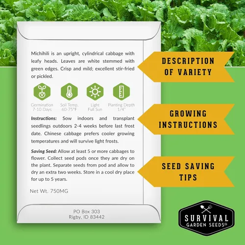 Miniatura 2 de Survival Garden Seeds - Semilla de col Michihili Napa/Nappa para plantar - Paquete con instrucciones para plantar y cultivar verduras Brassica