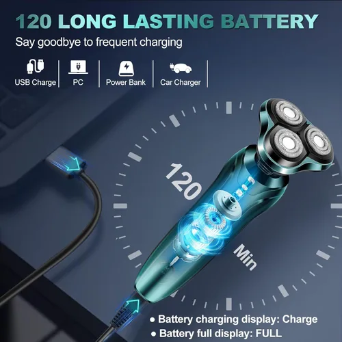 Miniatura 6 de Maquinilla de afeitar eléctrica para hombres, rasuradoras rotativas para hombres, impermeable, recargable en seco y húmedo para rostros de hombres
