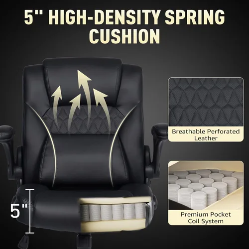 Miniatura 4 de Silla de Oficina para el Hogar con Soporte Lumbar, Asiento Engrosado de 5", Pequeña Silla de Escritorio Mecedora de Cuero PU, Cómodas Sillas de Negro
