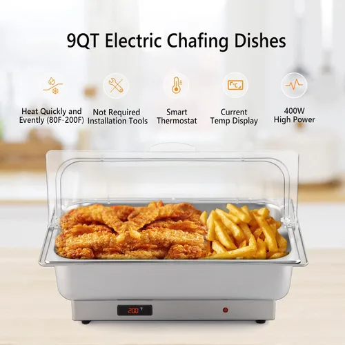 Miniatura 3 de ROVSUN Juego de bufé eléctrico de acero inoxidable de 9 cuartos de galón, NSF con tapa enrollable para catering, calentador de alimentos