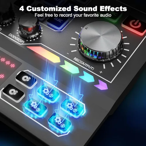 Miniatura 5 de Paquete de equipos de podcast para 2, interfaz de audio, modificador de voz con micrófono de condensador de 3.5mm, BT inalámbrico dual, fuente