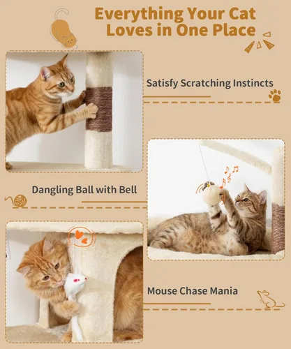 Miniatura 6 de PMT04BW - Árbol resistente para gatos de interior, torre para gatos de 74 pulgadas con poste rascador, cesta colgante, condominio para gatos