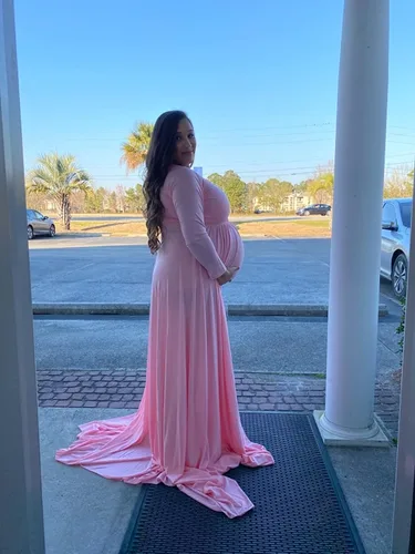 Miniatura 4 de Saslax - Vestido de noche de maternidad con hombros descubiertos, corte de medio círculo, para baby shower, fotos