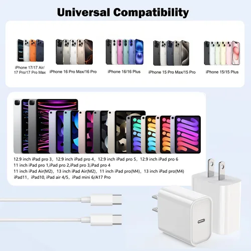 Miniatura 6 de Cargador para iPhone 17 16 15 de carga rápida, paquete de 2 bloques de cargador de pared tipo C con cable USB C a C de carga rápida de 1 metro
