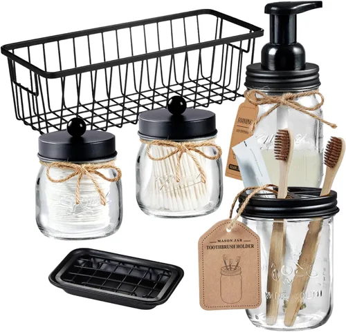 SheeChung Juego de 6 accesorios de baño Mason Jar - Dispensador de jabón espumoso, soporte para cepillos de dientes, 2 soportes Qtip, juego de Negro