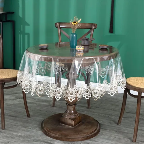 Miniatura 6 de Mantel redondo de plástico transparente, impermeable, de vinilo, PVC, bordado, borde de encaje, transparente, para cocina, uso en exteriores e