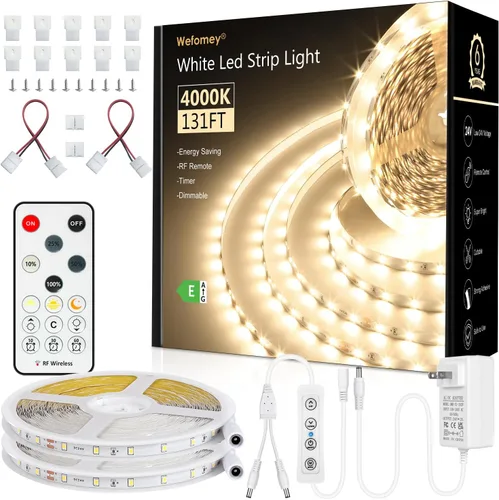 Miniatura 9 de Wefomey Tira de luces LED blancas, tira de luces LED regulables de 24 V de 131 pies, 6500 K, luz blanca brillante, cinta de luces flexibles