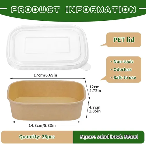 Miniatura 2 de Paquete de 25 cuencos de papel de 19 onzas, recipientes desechables con tapas, cuencos rectangulares desechables con tapas, cuencos de ensalada