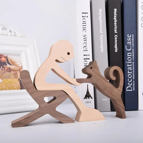 Miniatura 6 de ISHINE Escultura de madera para hombres y gatos, figuras de animales hechas a mano, decoración de madera, figura coleccionable para oficina en casa