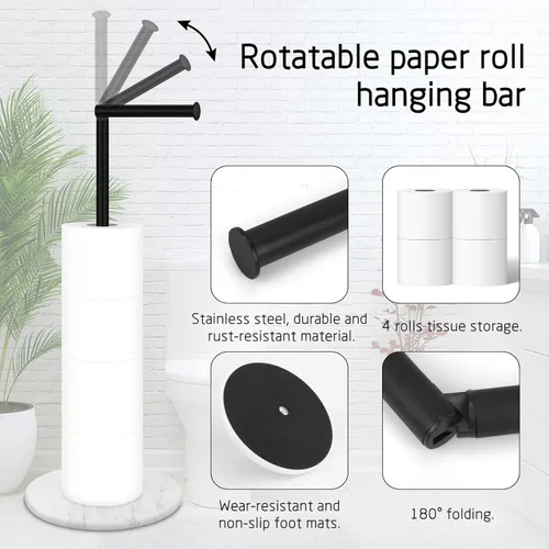Miniatura 3 de Soporte para papel higiénico con base de mármol, base de piedra natural de pie con reserva, color negro mate, soporte de 4 rollos para encimera