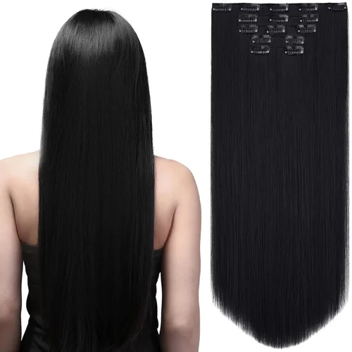 Miniatura 38 de Extensiones de cabello negro lacio, 2 juegos de extensiones de cabello con clip para mujeres, Halloween, 5 piezas de 22 pulgadas, piezas de cabello