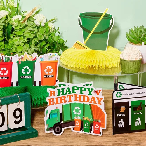 Miniatura 5 de Tinlade 9 piezas de camión de basura, decoraciones de cumpleaños, camiones de basura, centros de mesa de panal para mesas con soportes de cartón, 3D