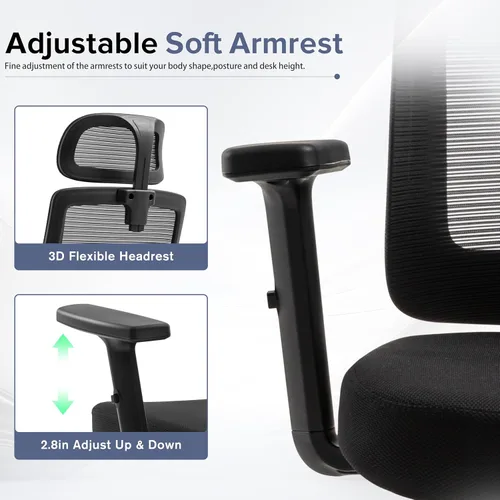 Miniatura 5 de Silla de oficina ergonómica de malla con reposacabezas, cómoda silla de escritorio para sentarse por mucho tiempo, silla de computadora transpirable